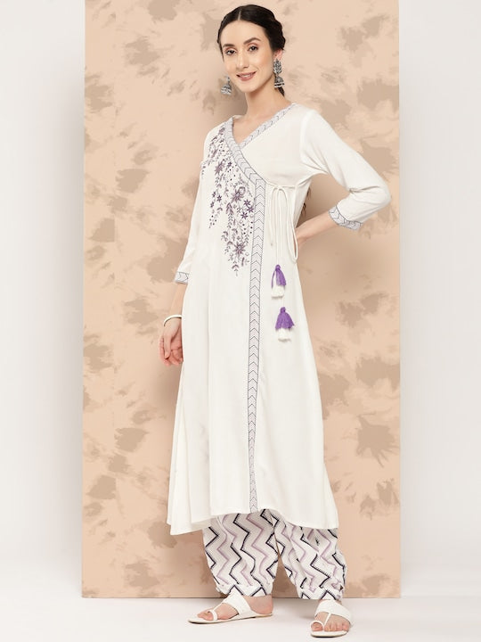 Yufta Women Purple Embroidered Angrakha Thread Work Kurta with Salwar & With Dupatta