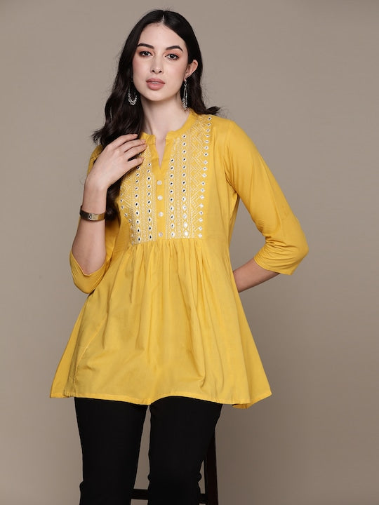 Anubhutee Yoke Design Mirror Work Pure Cotton Pleated Kurti