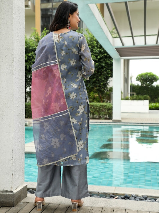 AKS Couture Floral Printed Chanderi Silk Straight Kurta with Palazzos & Dupatta