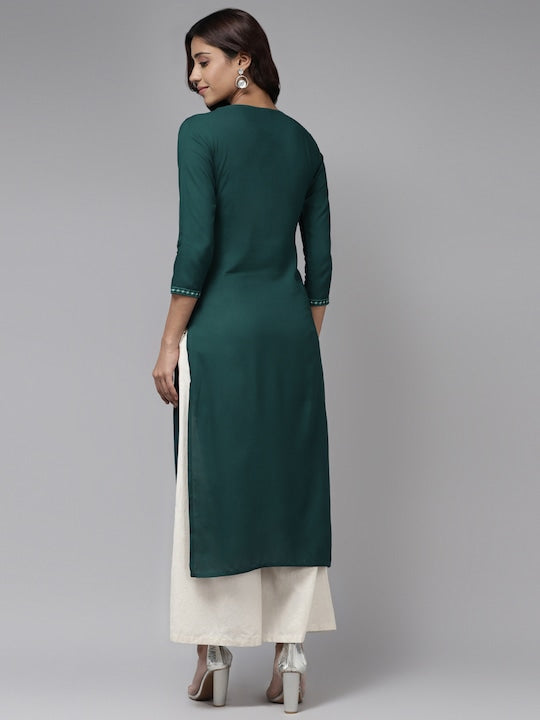 Yufta Women Green Embroidered Kurta