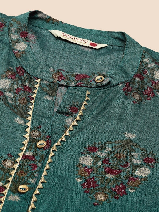 All about you Green Floral Printed Keyhole Neck Gotta Patti Cotton Straight Kurta