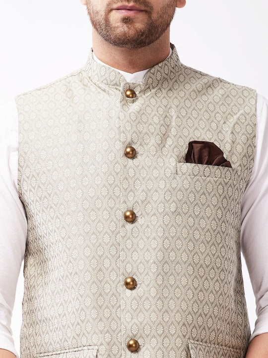 Vastramay Men Beige & Grey Woven Design Nehru Jackets