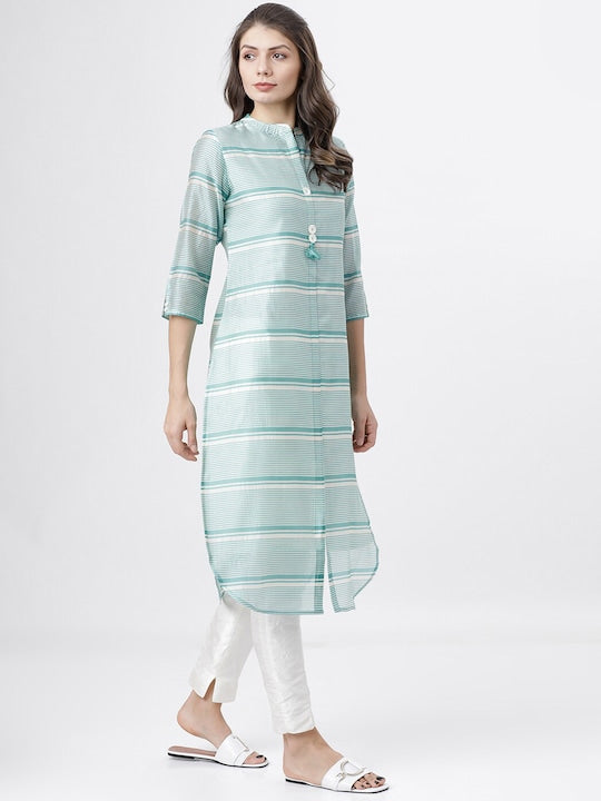 Vishudh Women Turquoise Blue & White Striped Kurta