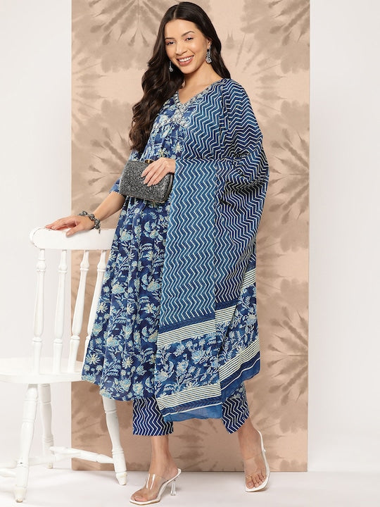Yufta Women Floral Printed Regular Pure Cotton Kurta with Trousers & With Dupatta