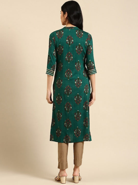 All about you Green Floral Printed Keyhole Neck Gotta Patti Cotton Straight Kurta