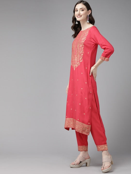 Yufta Pink Ethnic Motifs Printed Kurta with Trousers & With Dupatta