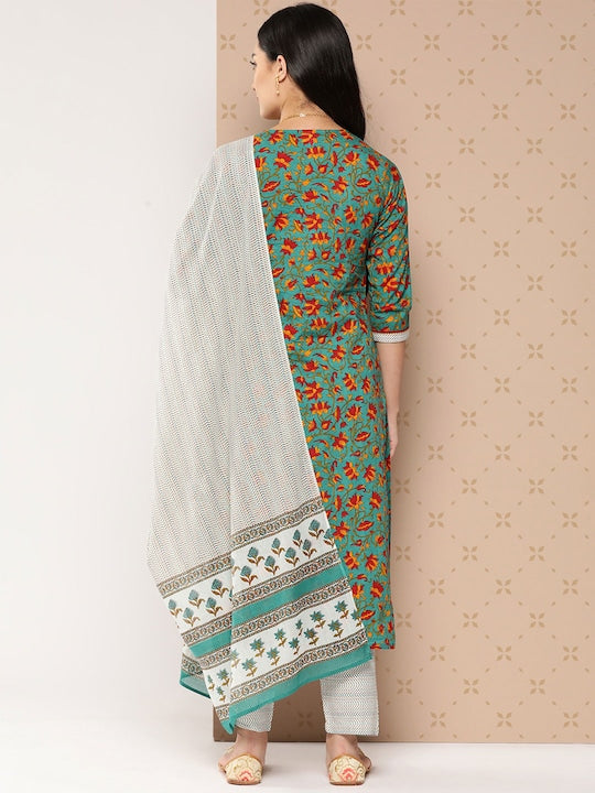 Yufta Floral Printed Regular Pure Cotton Kurta with Palazzos & With Dupatta