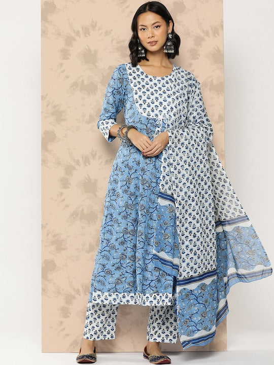 Yufta Floral Printed Regular Pure Cotton Kurta With Trousers & Dupatta