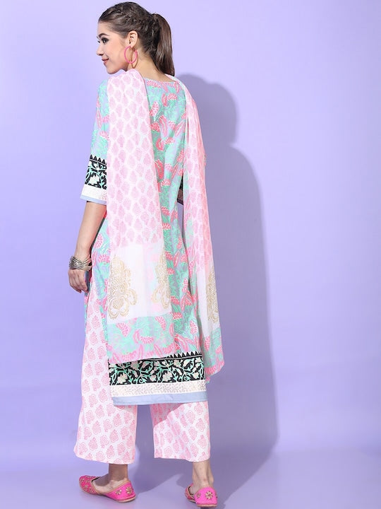 Vishudh Women Blue Floral Printed Kurta with Palazzos & With Dupatta