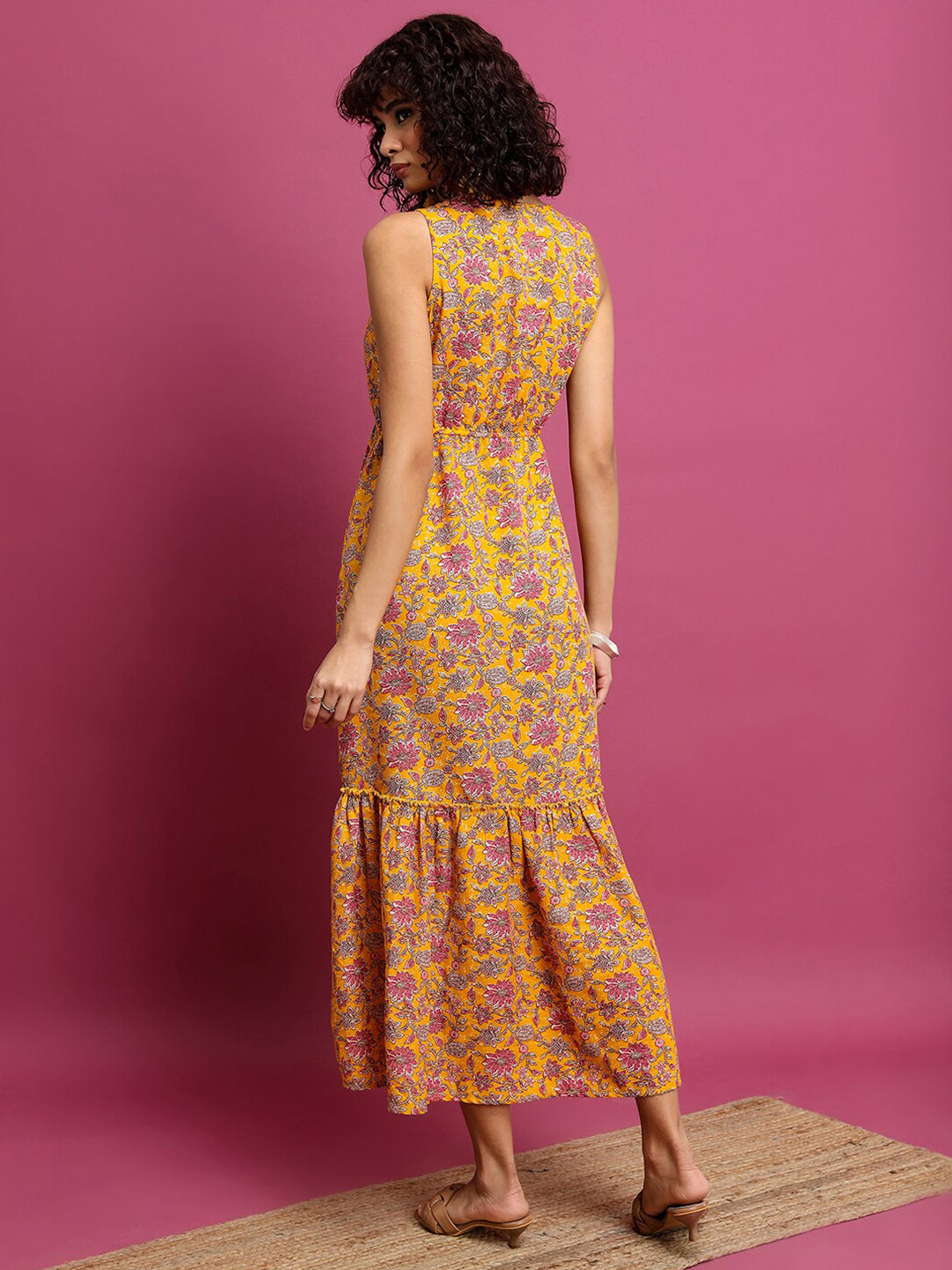 Vishudh Orange Floral Printed Gathered Maxi Dress