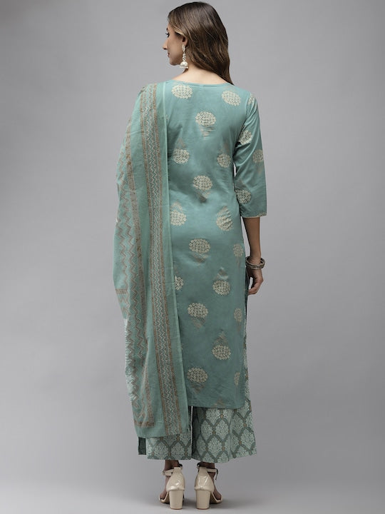 Yufta Women Blue Ethnic Motifs Printed Regular Pure Cotton Kurta with Trousers & With Dupatta