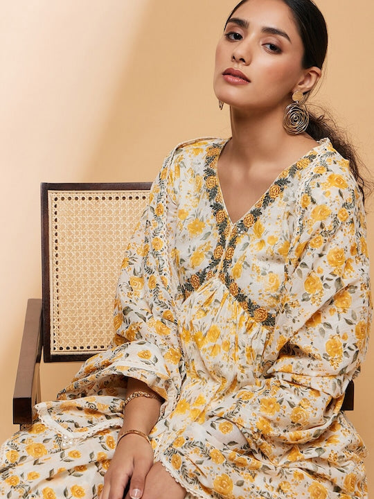 All about you Floral Printed V-Neck Kurta with Trousers & With Dupatta