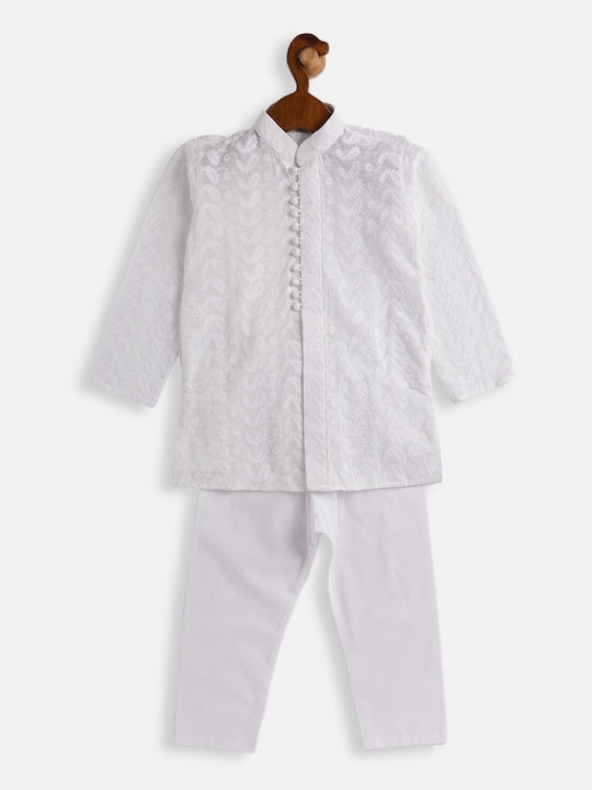 Vastramay Sishu Boys White Embroidered Pure Cotton Kurta with Solid Pyjamas