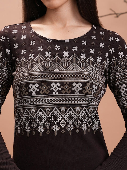 Vishudh Brown Geometric Printed Long Sleeves Straight Kurta