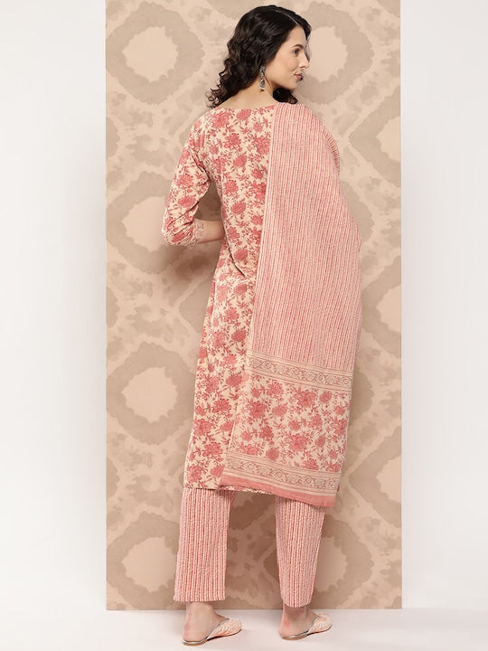 Yufta Women Floral Embroidered Regular Gotta Patti Cotton Kurta with Trousers & Dupatta
