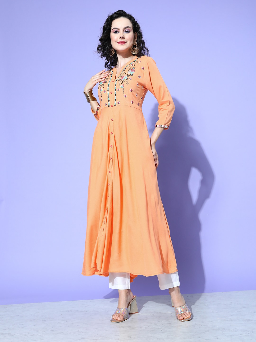 All about you Women Floral Embroidered Mirror Work Anarkali Kurta