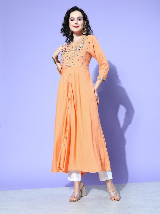 All about you Women Floral Embroidered Mirror Work Anarkali Kurta