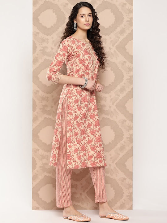 Yufta Women Floral Embroidered Regular Gotta Patti Cotton Kurta with Trousers & Dupatta
