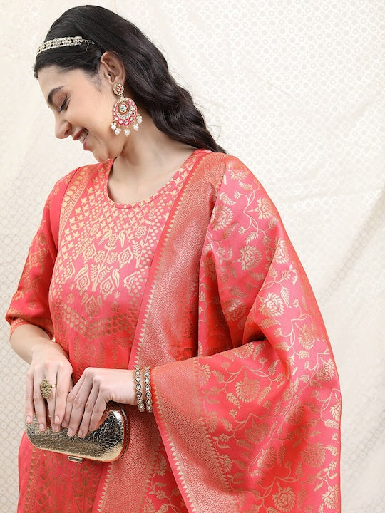 Vishudh Women Poly Brocade Ethnic Motifs Kurta with Trousers & Dupatta