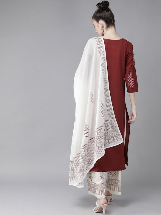 Yufta Women Maroon & Off-White Yoke Design Pure Cotton Kurta with Palazzos & With Dupatta