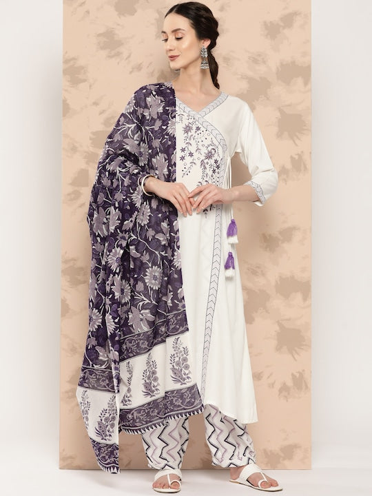 Yufta Women Purple Embroidered Angrakha Thread Work Kurta with Salwar & With Dupatta
