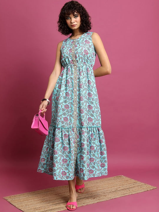 Vishudh Blue Floral Printed Gathered or Pleated Midi Dress