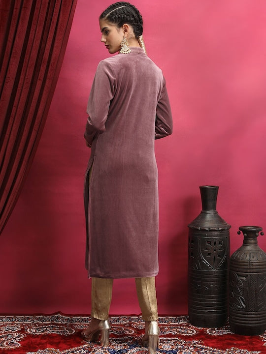 Vishudh Maroon Embroidered Neck Band Straight Kurta