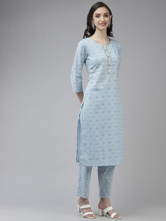 Yufta Women Blue Ethnic Motifs Printed Gotta Patti Cotton Kurta with Trousers & Dupatta - XXL