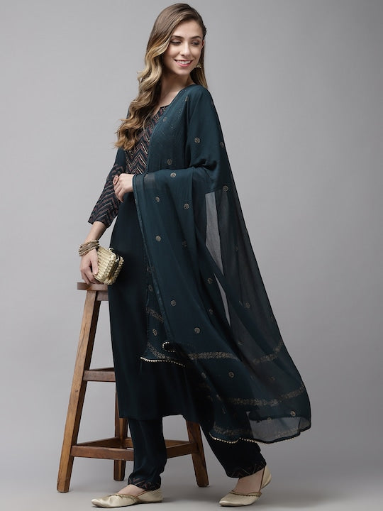 Yufta Women Green Regular Gotta Patti Kurta with Trousers & With Dupatta
