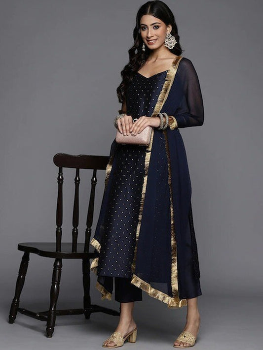 Varanga Women Navy Blue Printed Kurta with Trousers & Dupatta