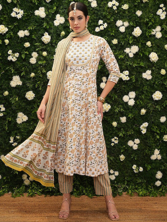 Vishudh Women Floral Printed Empire Pure Cotton Kurta with Trousers & With Dupatta
