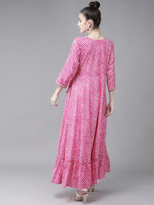 Yufta Women Pink & Off White Leheriya Print Mirror Work A-Line Kurta