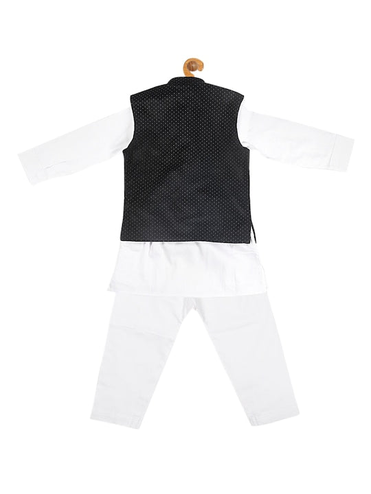 Vastramay Sishu Boys White Cotton Blend Kurta Pyjama & Polka Dot Printed Nehru Jacket