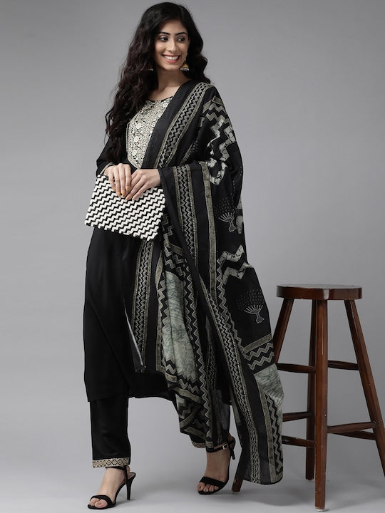 Yufta Women Black & Beige Yoke Design Kurta with Trousers & Dupatta