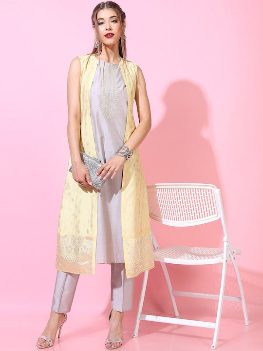 Vishudh Women Yellow & Grey Ethnic Motifs Kurta with Trouser and Jacket