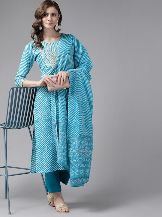 Yufta Women Blue Leheriya Printed Zardozi Kurta with Trousers & With Dupatta