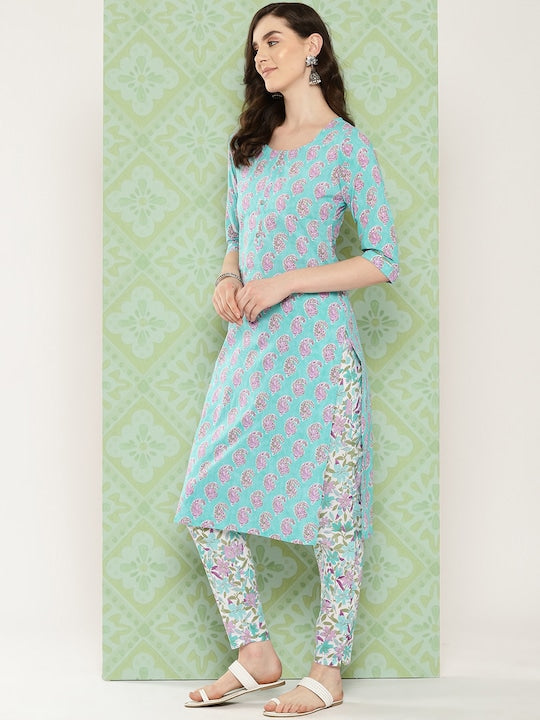 Yufta Women Paisley Printed Regular Pure Cotton Kurta with Trousers & With Dupatta Sea Green