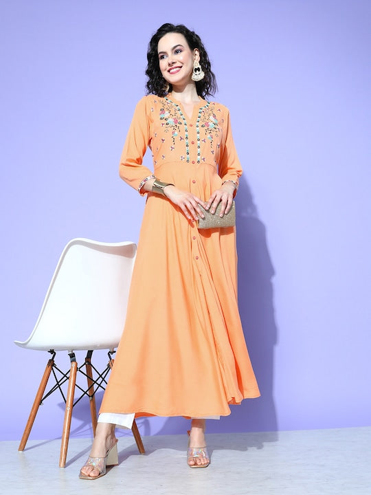 All about you Women Floral Embroidered Mirror Work Anarkali Kurta