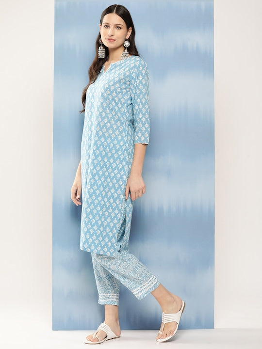 Yufta Women Blue Ethnic Motifs Printed Regular Thread Work Pure Cotton Kurta with Trousers & With Dupatta