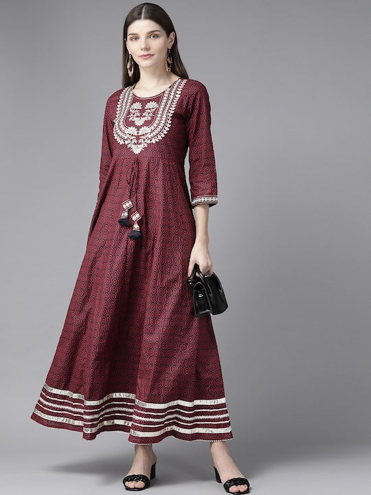 Yufta Women Maroon Geometric Printed Bell Sleeves Mirror Work Cotton Kurta - XXL