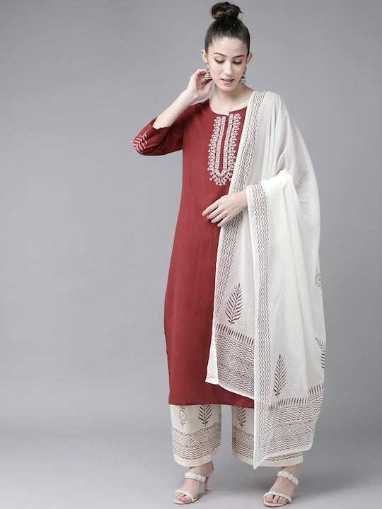 Yufta Women Maroon & Off-White Yoke Design Pure Cotton Kurta with Palazzos & With Dupatta