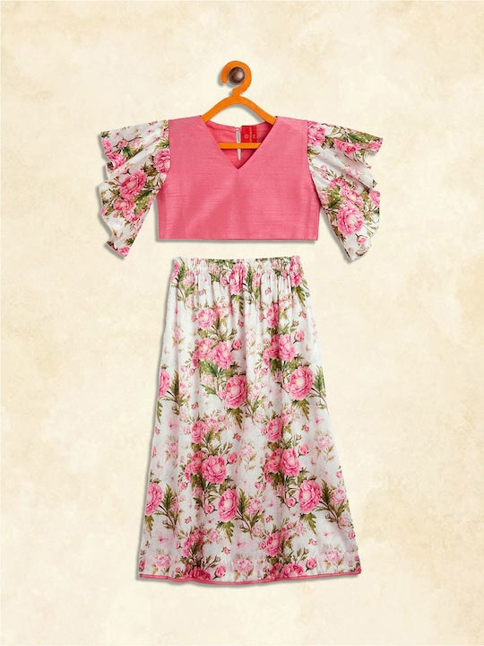 Vastramay Sishu Girls Pink & Cream-Coloured Ready to Wear Lehenga & Choli