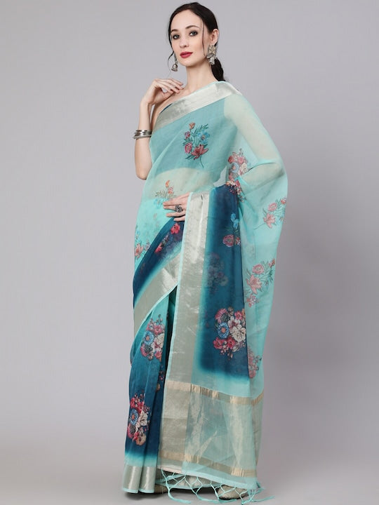 AKS Floral Printed Zari Saree