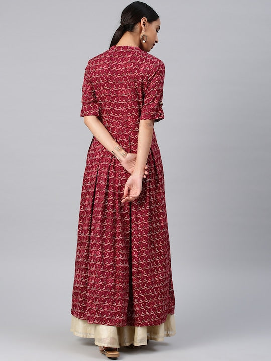 Vishudh Women Maroon Printed Maxi Ethnic Dress