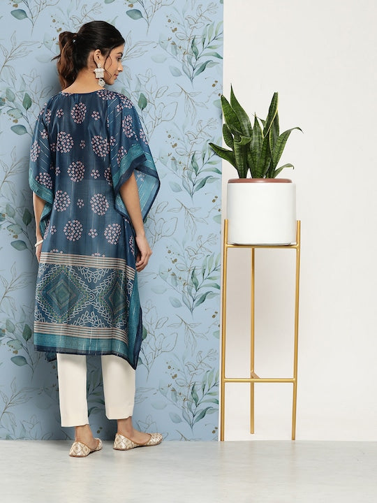 Yufta Women Bandhani Printed Flared Sleeves Indigo Kaftan Kurta