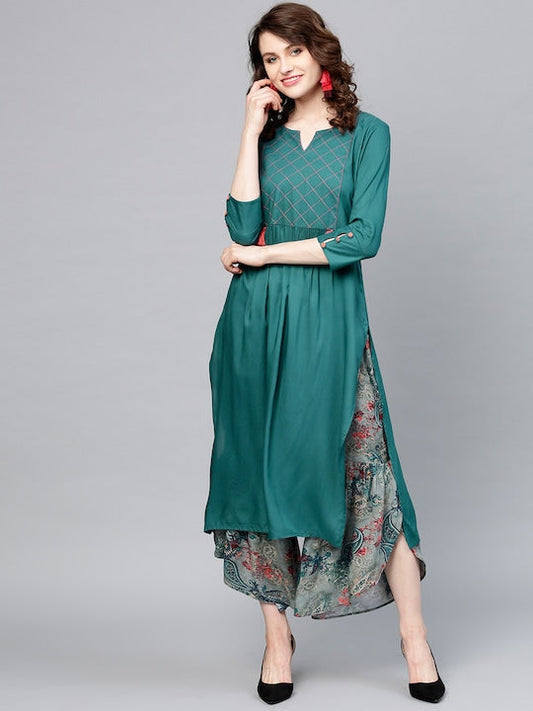 Yufta Women Teal Blue & Grey Solid Kurta with Sharara