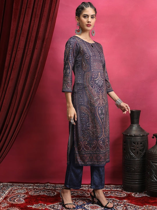 Vishudh Purple Ethnic Motifs Printed Keyhole Neck Kurta