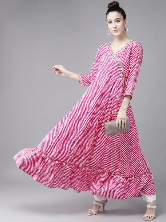 Yufta Women Pink & Off White Leheriya Print Mirror Work A-Line Kurta