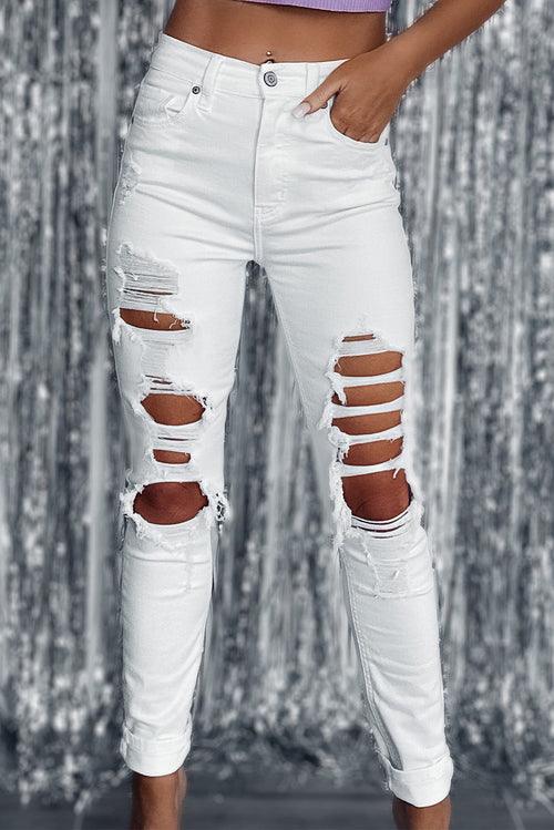 White Distressed Ripped Holes High Waist Skinny Jeans - Zoter Shop