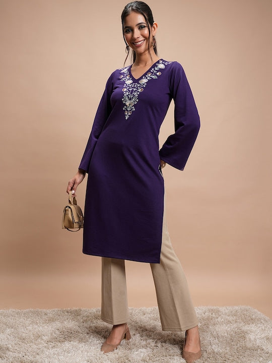 Vishudh Violet Floral Embroidered V-Neck Long Sleeves Thread Work Kurta